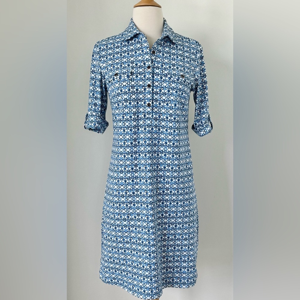 J McLaughlin Catalina Cloth Shirt Dress Size XS Geometric Blue White